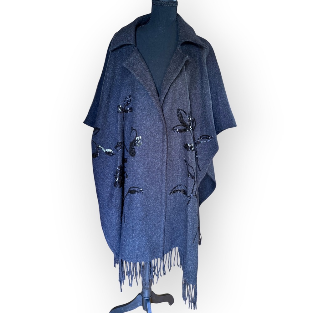 Charcoal Gray Sequined Floral Fringe Poncho Wrap Open Front Cozy Cape One Size